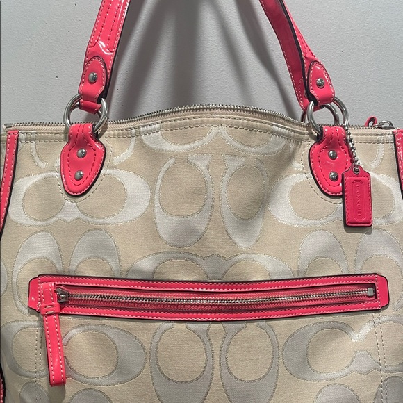 Coach Poppy Signature Metallic Outline Hallie Tote Handbag - Coral Patent Trim - Picture 3 of 13